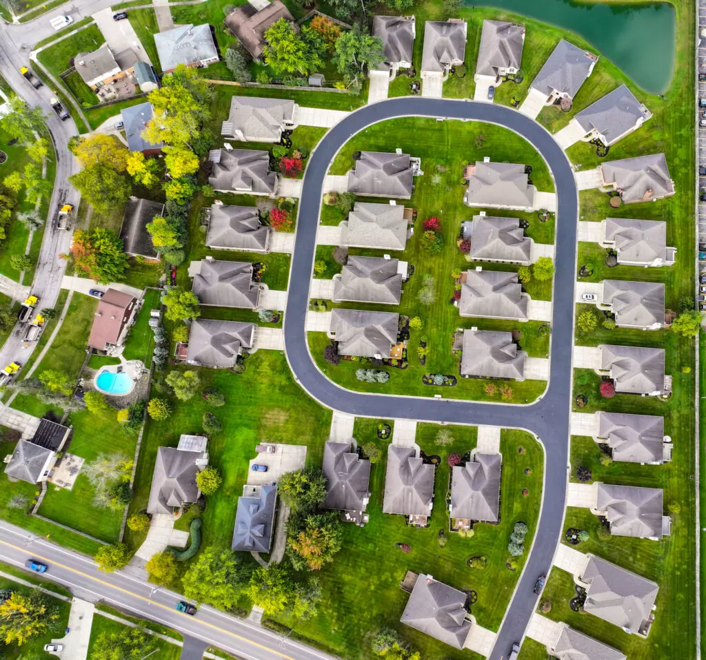 Aerial view directly above Amherst Forest Creek Estates housing development